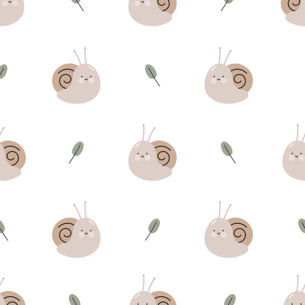 Seamless pattern with cute snail. For fabric, wrapping, cards, textile, wallpaper, apparel. Isolated cartoon illustration in flat style on white background. vector