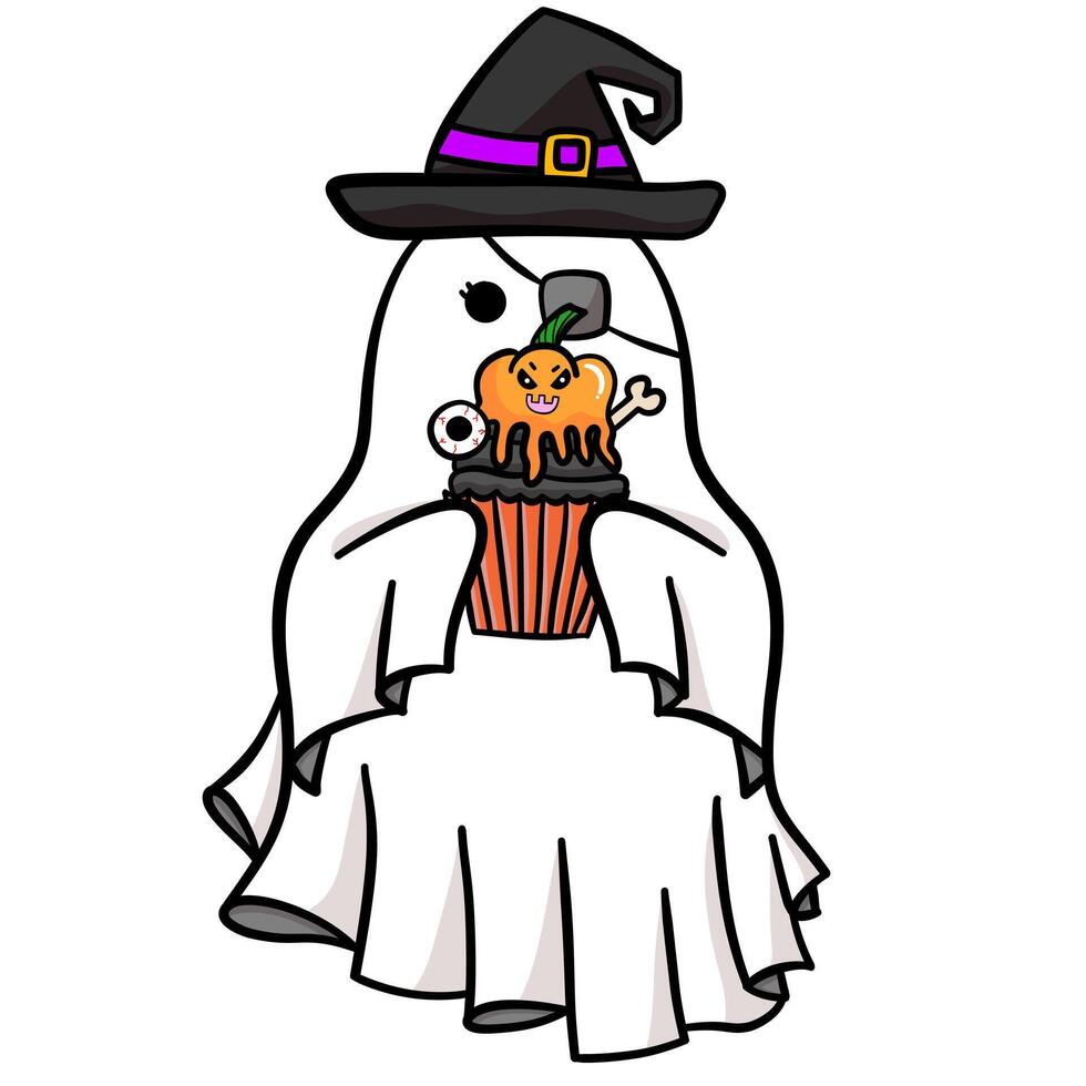 Cute Cartoon ghost with Evi cupcake in Halloween illustration vector