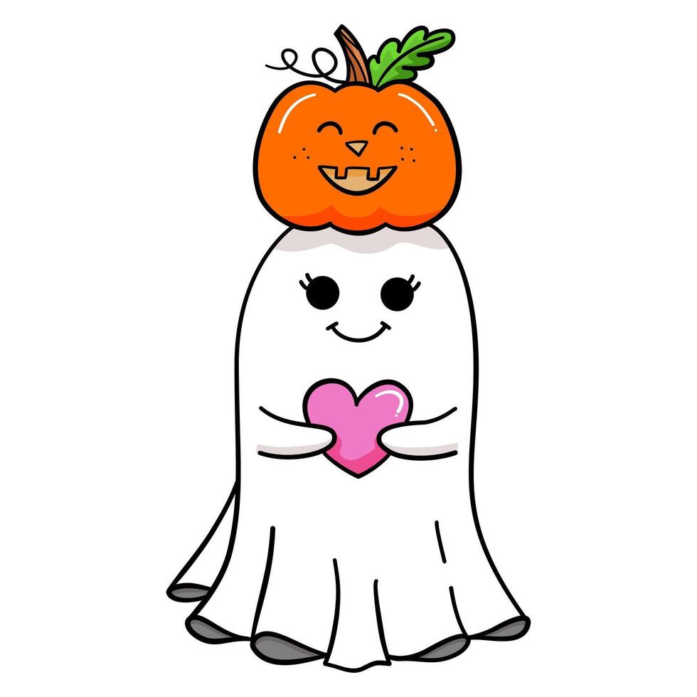 Cute ghost with pumpkin in Halloween vector