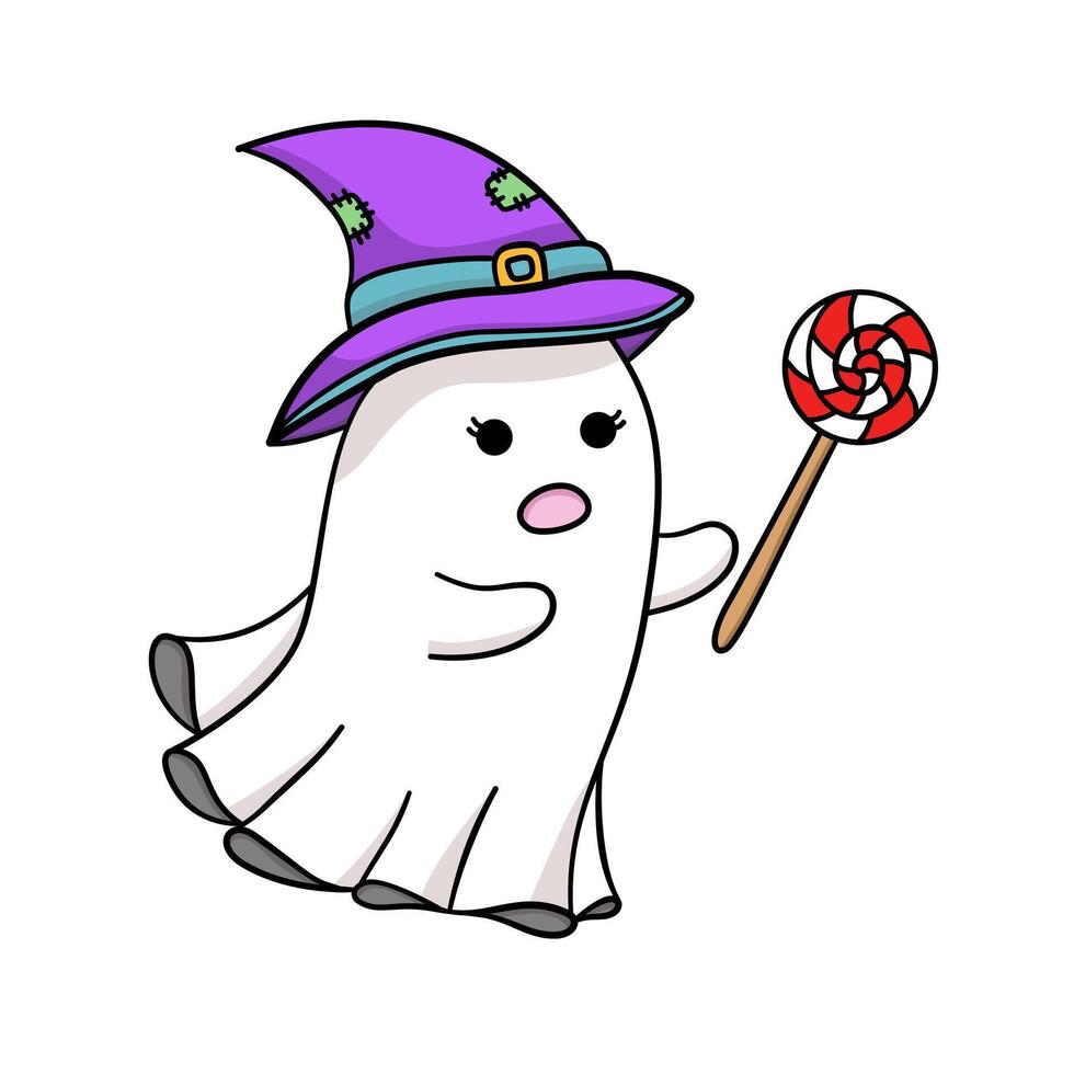 Cute Witch ghost and lollipop in Halloween vector