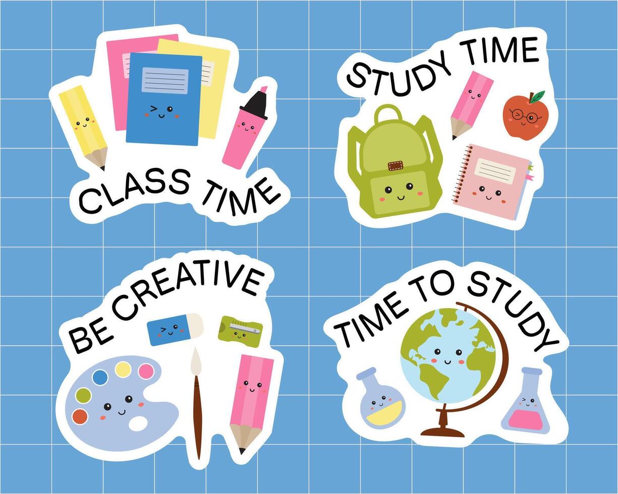 Collection of back to school stickers, supplies, stationary. Hello school collection for pupils. Clipart of stickers with supplies for pupils, lessons. Educational tools for study. vector