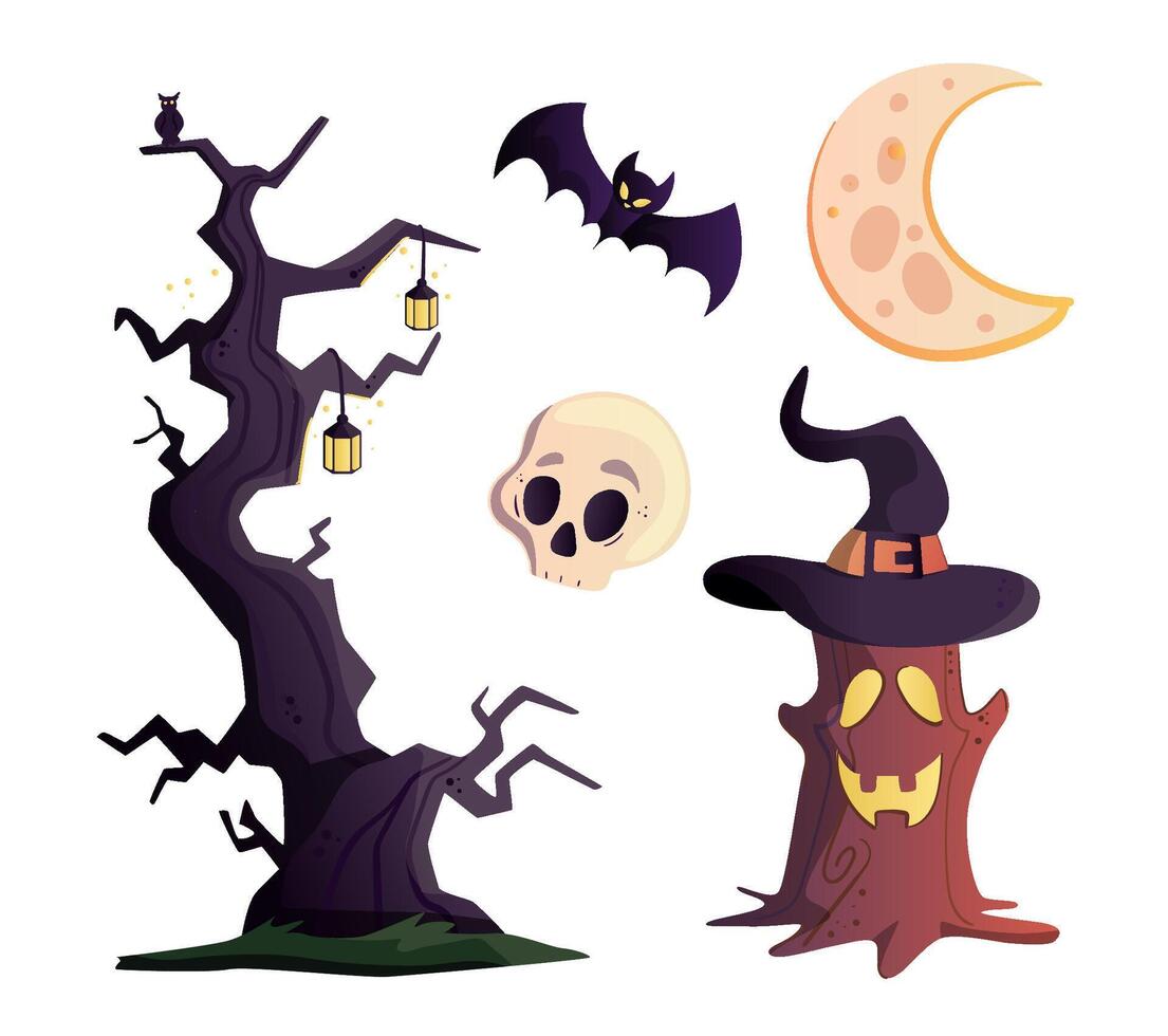 Halloween set. An old tree, a moon, a bat, a skull. Cute cartoon spooky characters and elements vector