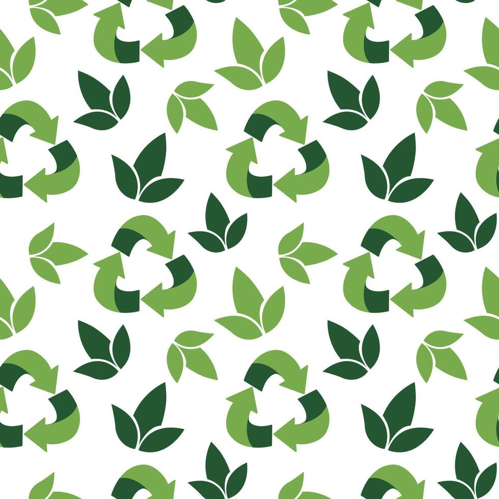 Sustainable packaging seamless pattern, Flat design of recycling symbol and leaves background, cute illustration with reflections vector