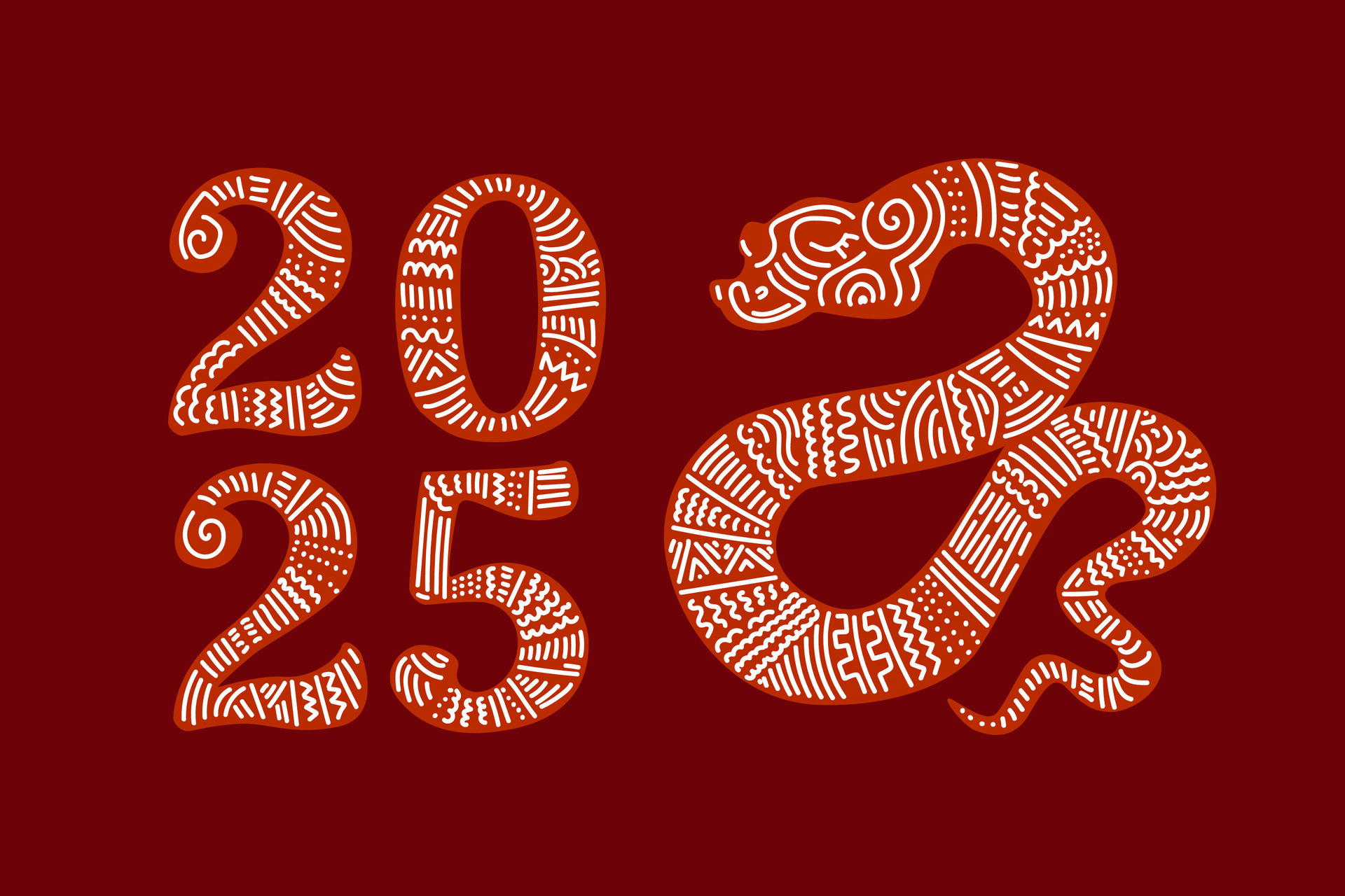 Happy Chinese New Year 2025. Snake zodiac with lanterns, cloud on red