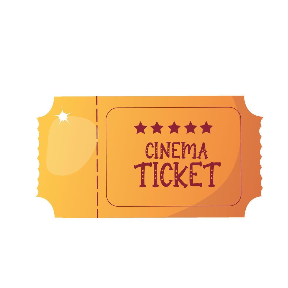 Cute cinema ticket to the evening movie in cartoon style. Admit one ticket for entertainment. Trendy stylized clipart in bright colors. Hand drawn doodle illustration isolated on background. vector