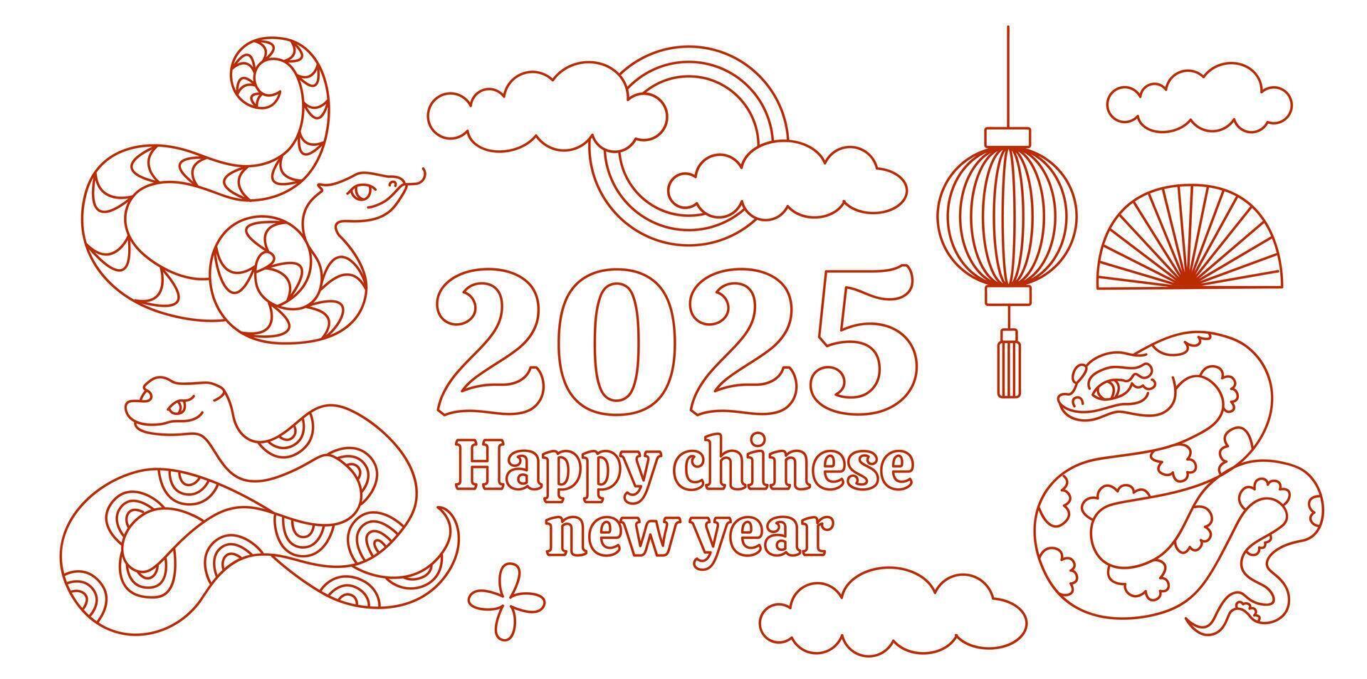 Happy Chinese new year 2025 greeting card with cute snake and gold money. Animal zodiac cartoon character. Translate. Happy new year, snake. vector