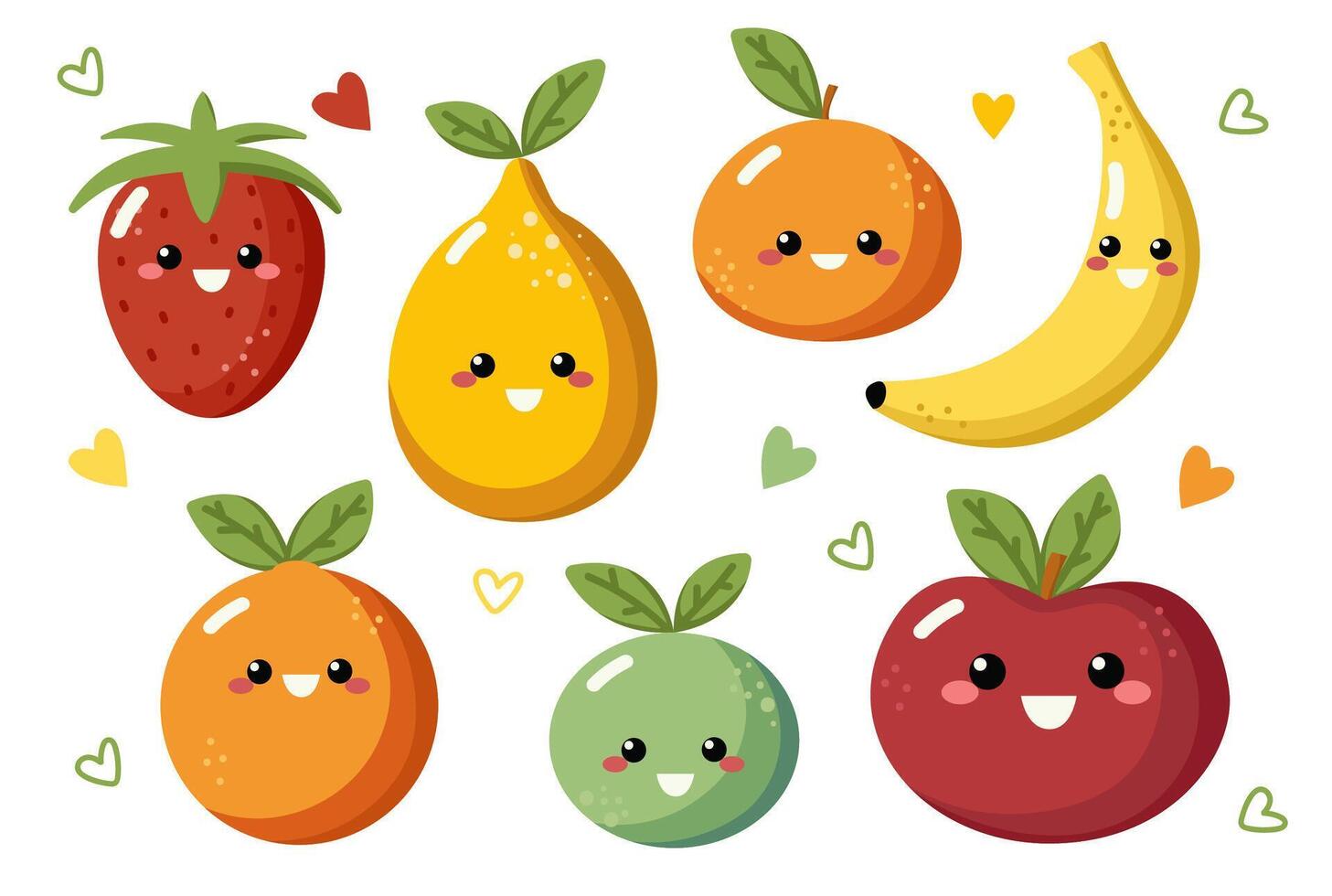 Cartoon fruit character set. Funny emoticon in flat style. Food emoji illustration. Strawberry, banana, orange, apple, tangerine, lemon, lime. vector