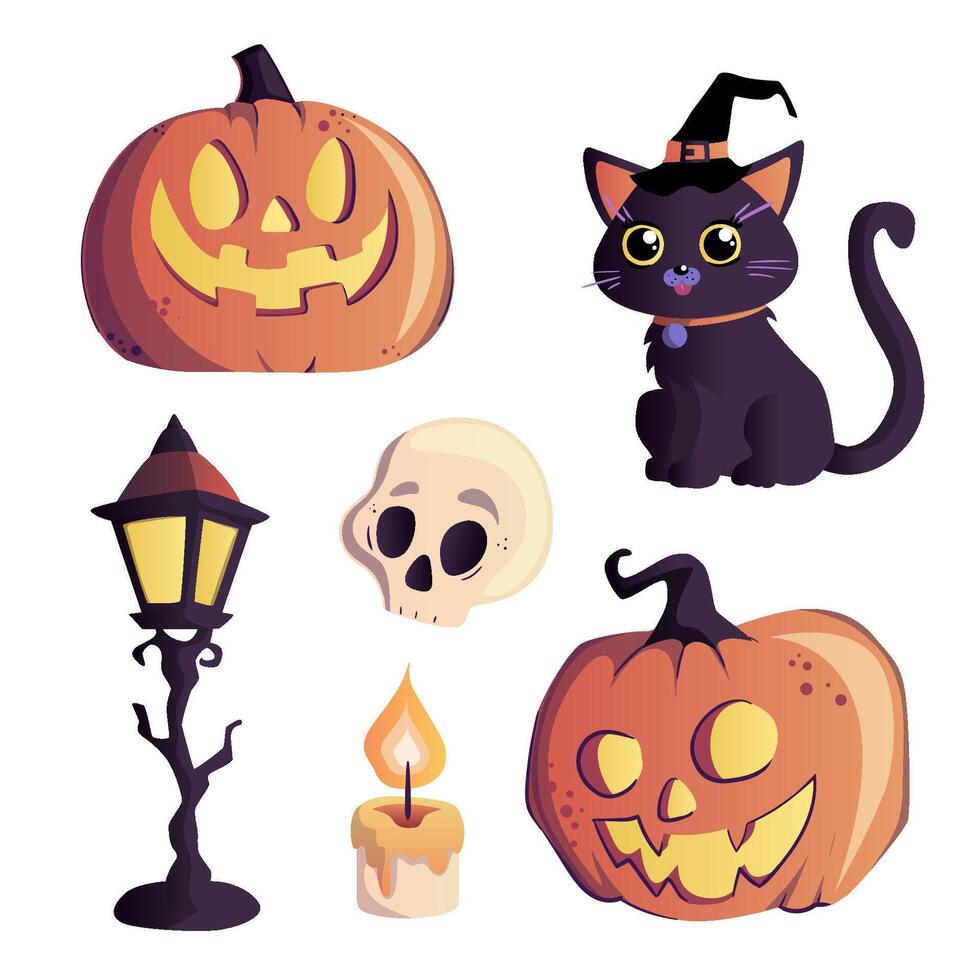 Halloween set on a white background. Cat, pumpkin, lantern, skull, candle. illustration vector