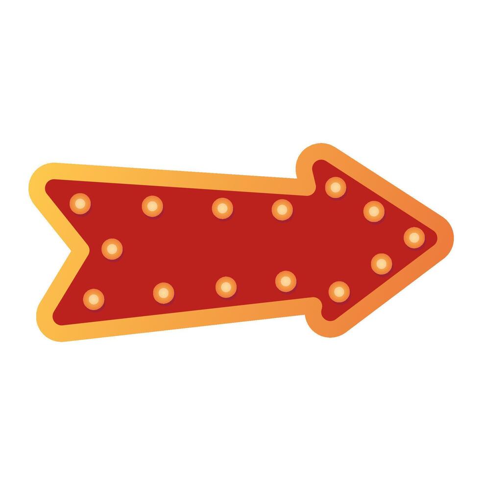 volumetric icon on marquee sign turning right arrow lit up with electric bulbs. Retro looking wall decoration element curve arrow glowing with lamps vector