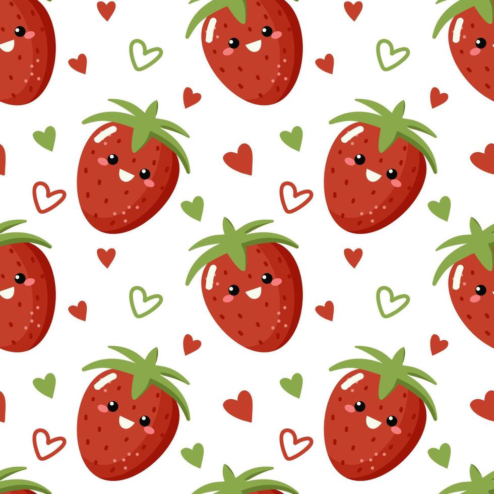 Seamless pattern with kawaii fruits. Cheerful design for kids clothes with cute strawberry characters and sliced strawberry on pink background vector
