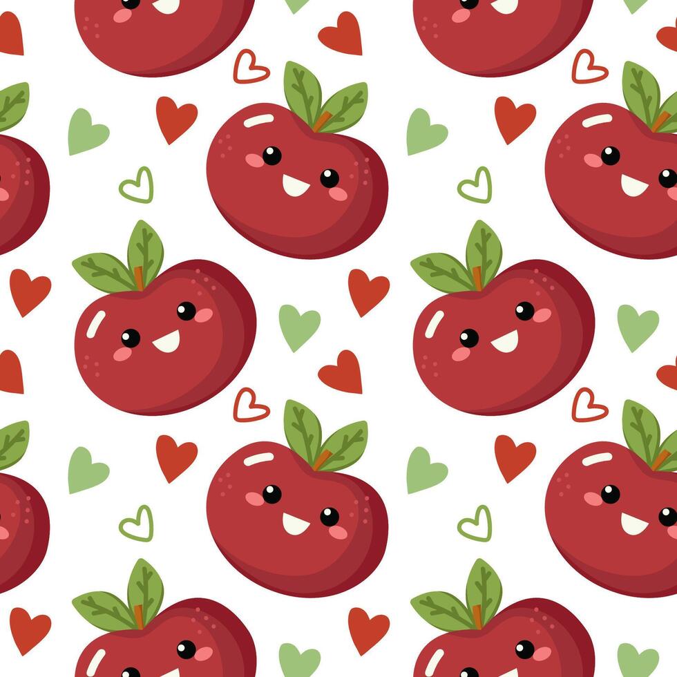 Funny Cute Fruit Character Seamless Pattern Background. Fruit Kawaii Cartoon Character Fabric Textile Swatch Template. Kawaii Funny Cute Seamless Fruit Doodle Symbol Vegetarian Theme Seamless Print. vector