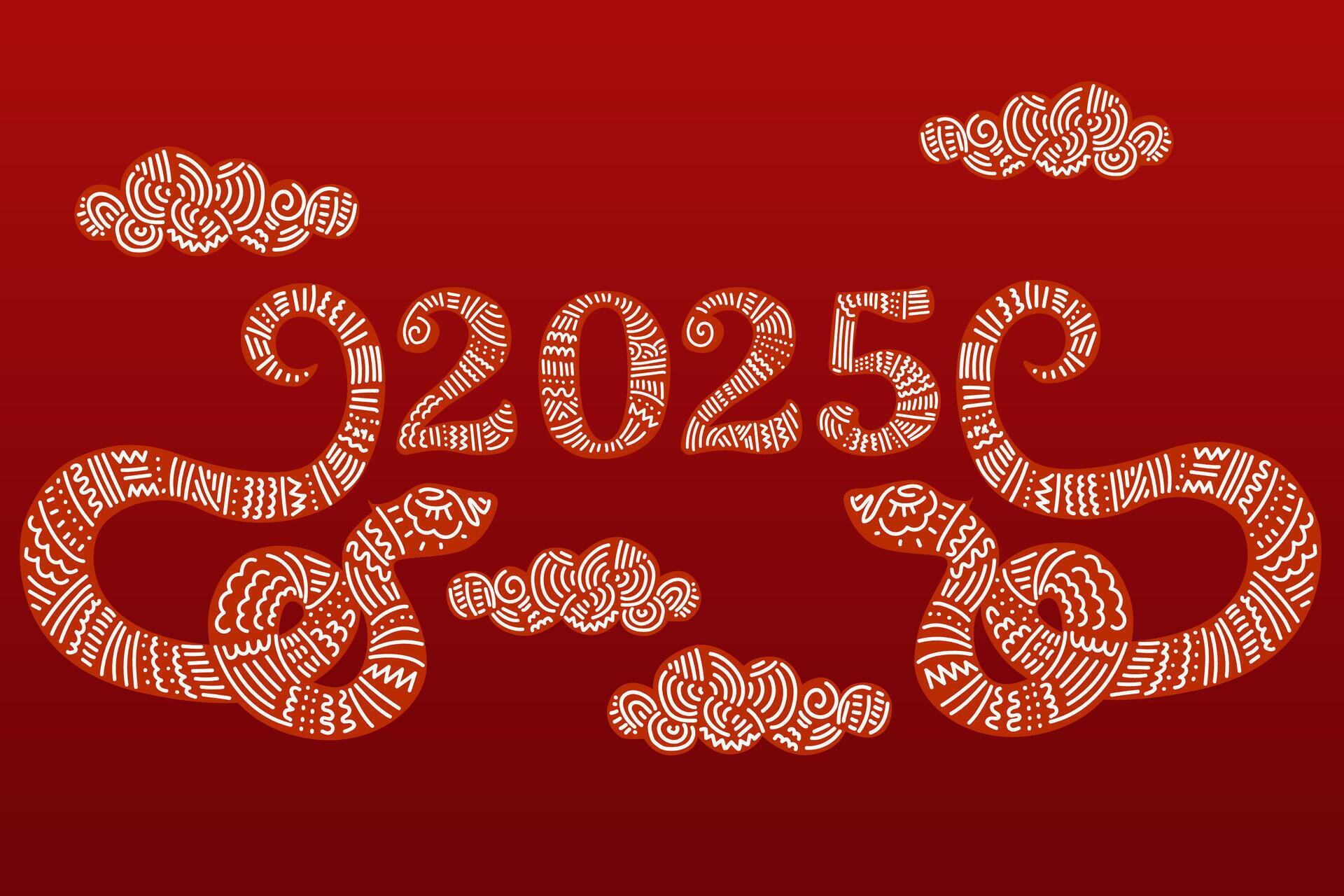 Happy Chinese New Year 2025 Snake zodiac with lanterns cloud on red Happy Chinese New Year 2025 Snake zodiac with lanterns cloud on red