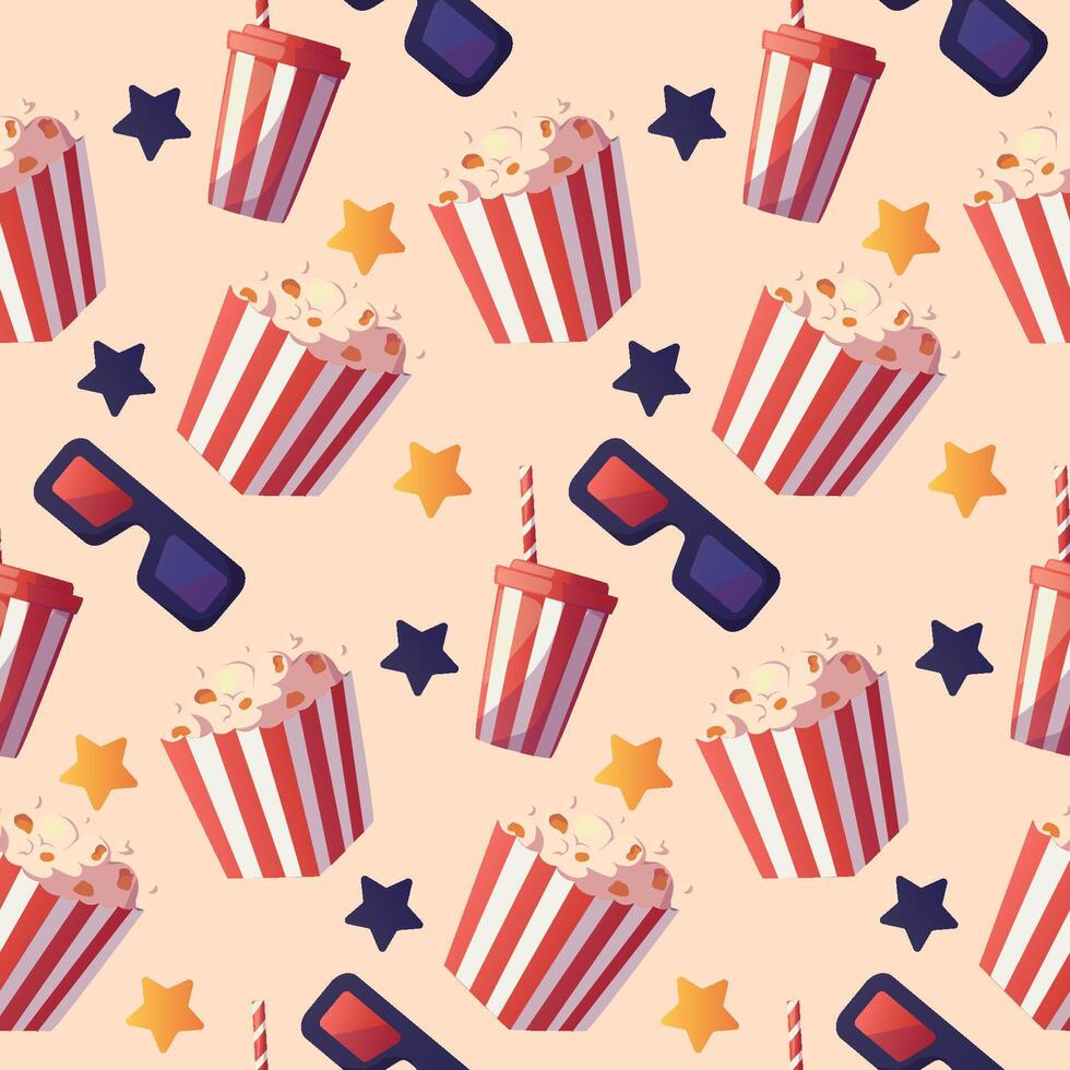 Cinema seamless pattern with film reel, clapper, popcorn, 3D glasses, soda cup, cinema ticket. vector