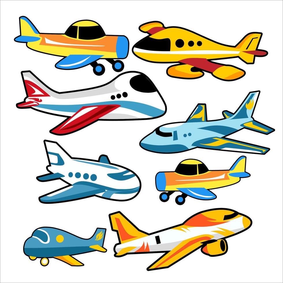 Airplane set. flying airship isolated on white background. planes for children's books, magazines and children's designs vector