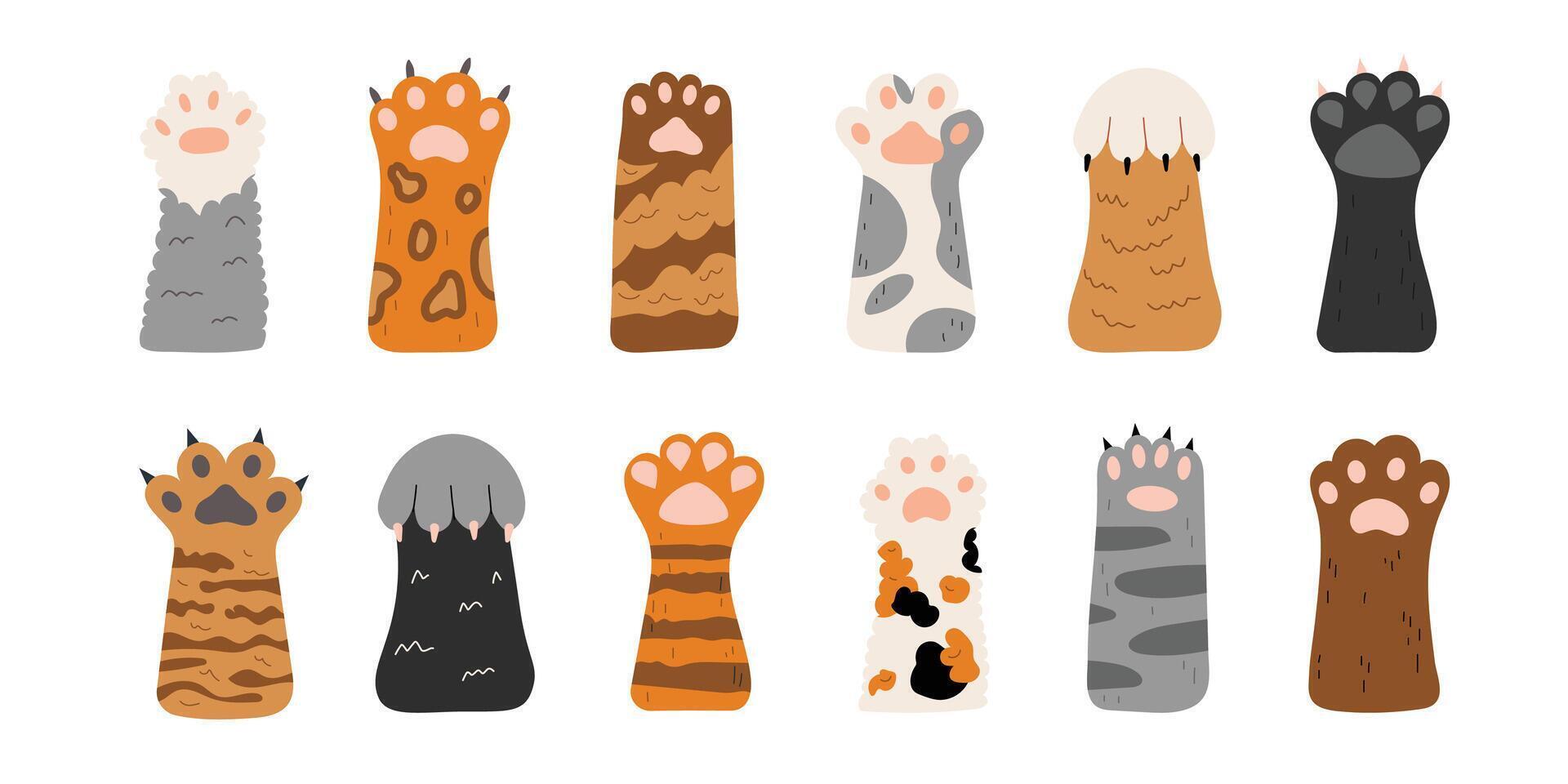 set of cute cat paws. Different cat paws. Collection of pets feet with claws and different fur. Objects isolated on white background. International day cats. vector