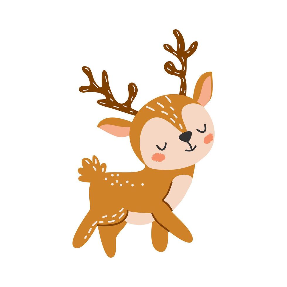 Cute cartoon reindeer illustration in flat style. Beautiful forest animal. For poster, greeting card and kids design. White isolated background. vector