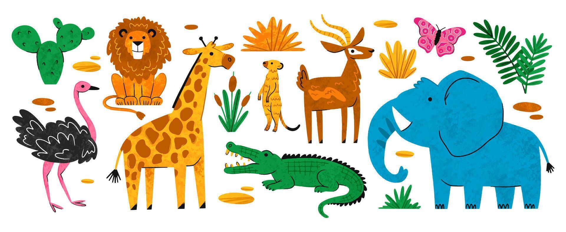 Safari animals giraffe, elephant, lion, ostrich, gazelle, crocodile, meerkat, butterfly, cactus vector