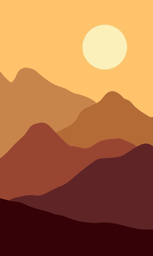 simple wallpaper of autumn mountain with sunrise and silhouette, poster illustration design vector