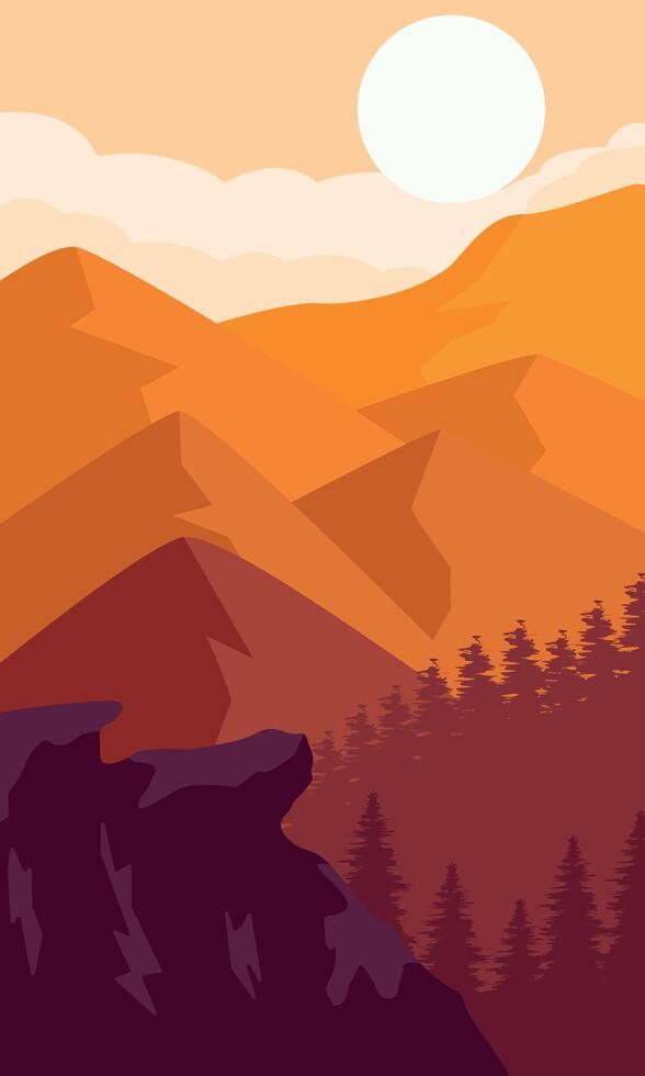 calm autumn mountains with silhouette, tree, hill, and sun. poster illustration design vector