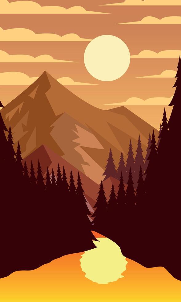 autumn mountain poster, silhouette of mountain, lake, and forest at sunrise. illustration design vector
