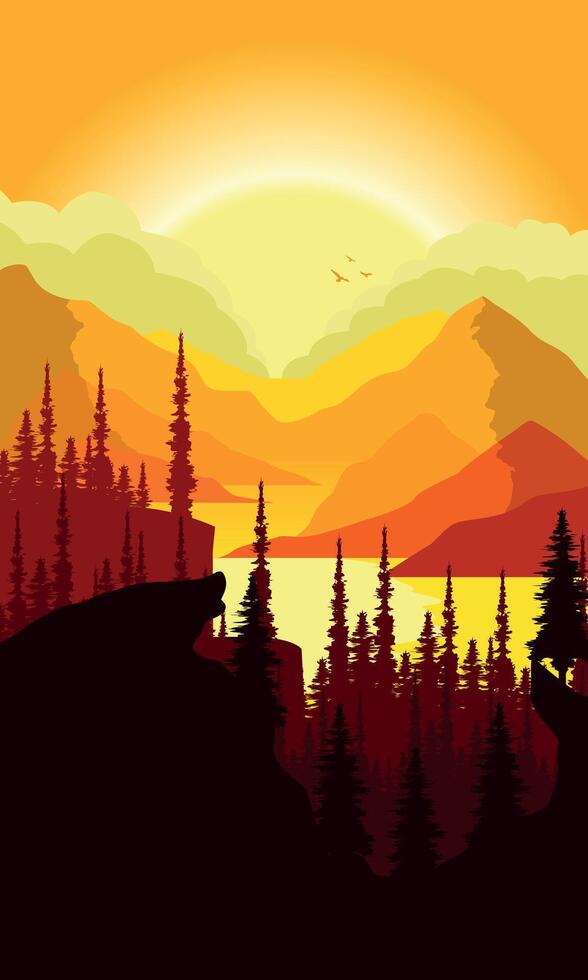 Autumn mountains landscape with tree silhouettes and river at sunset. illustration vector
