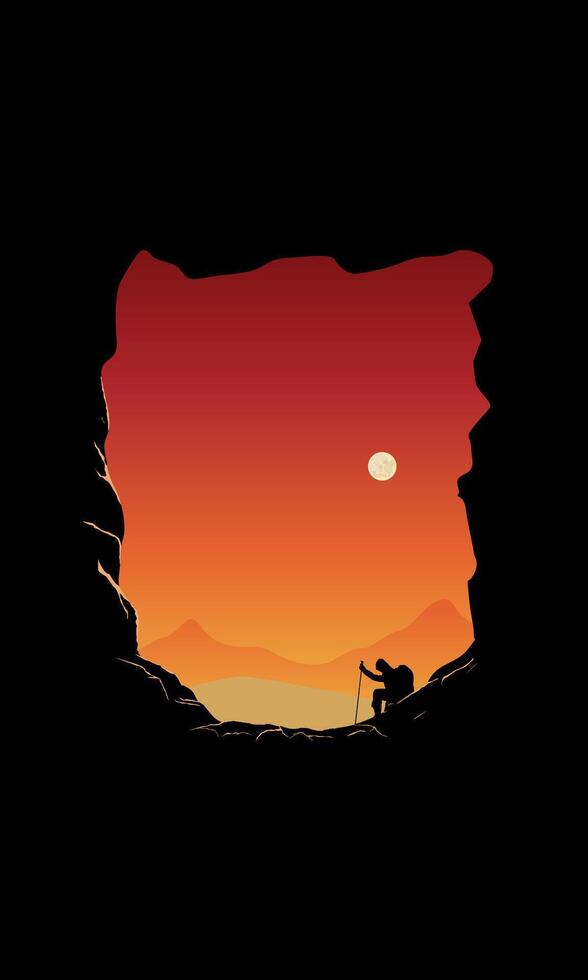 premium of shadow a cave and a climber at sunset, poster illustration design, vector