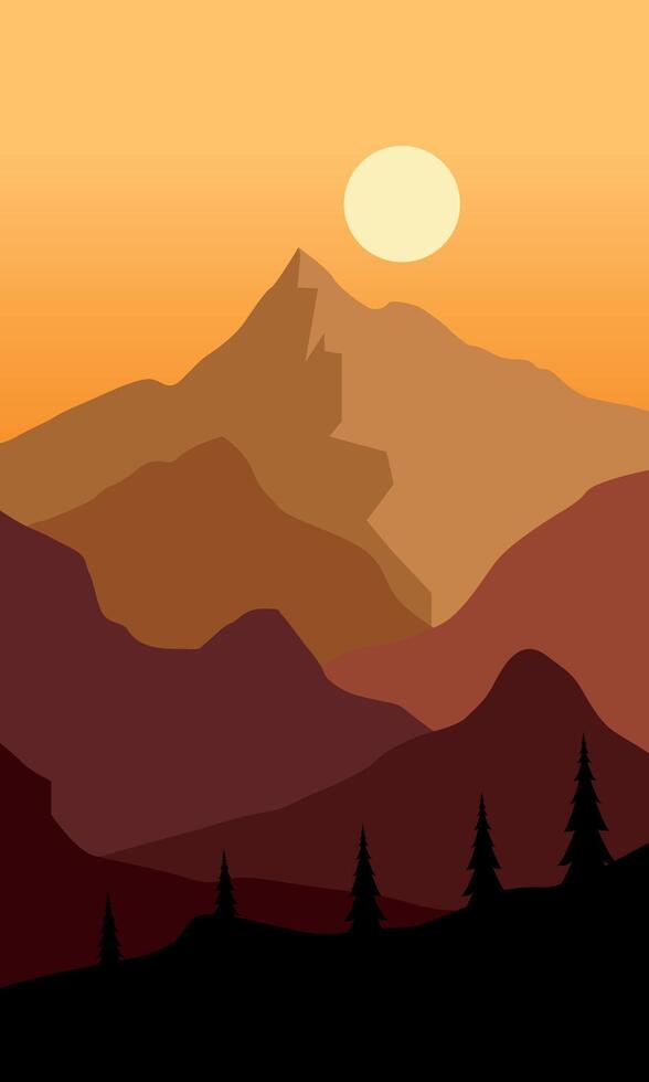 autumn poster of panoramic view silhouette, orange mountain autumn at sunrise, illustration design vector