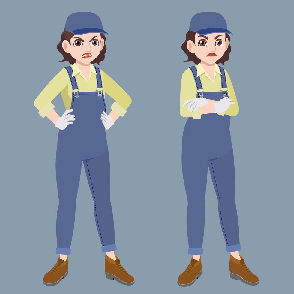 workwoman in jumpsuit and cap standing crossed arm unhappy and angry vector