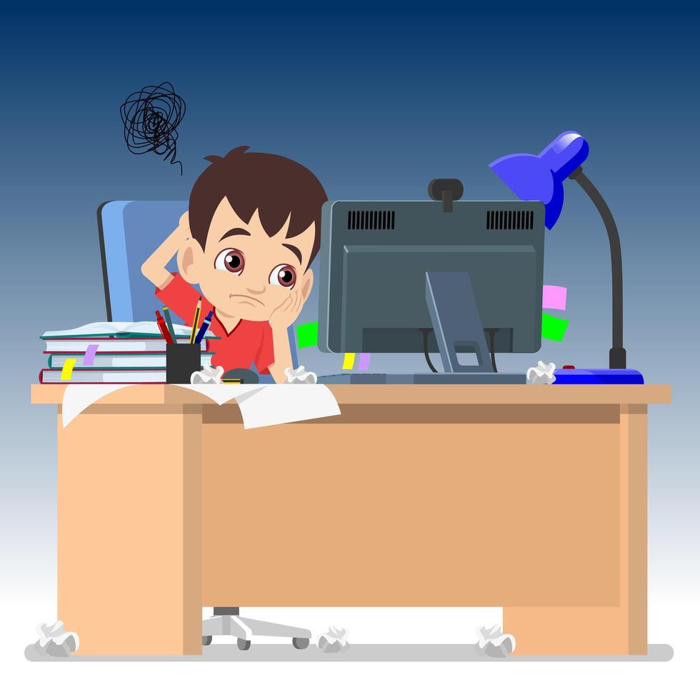A boy struggling in front of the computer on-line learning and study at home vector