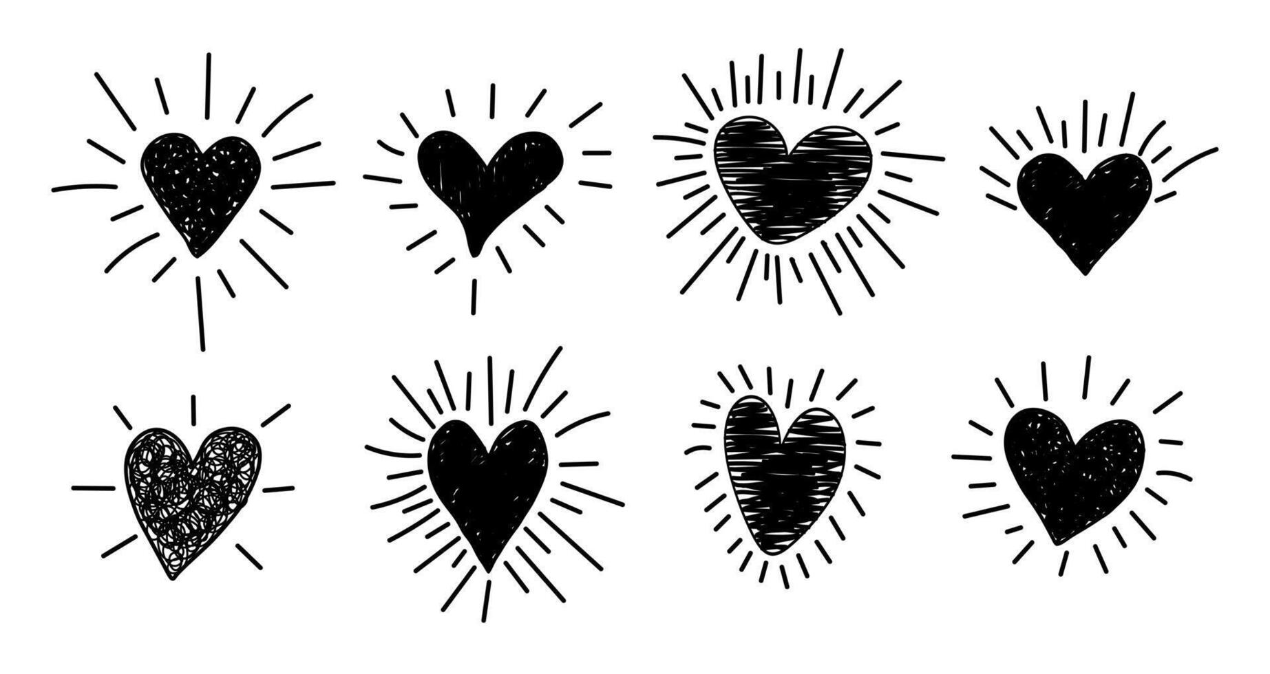 Set of textured drawn heart shape with beam. Sunburst doodle love elements. Illustration for grunge frame vector