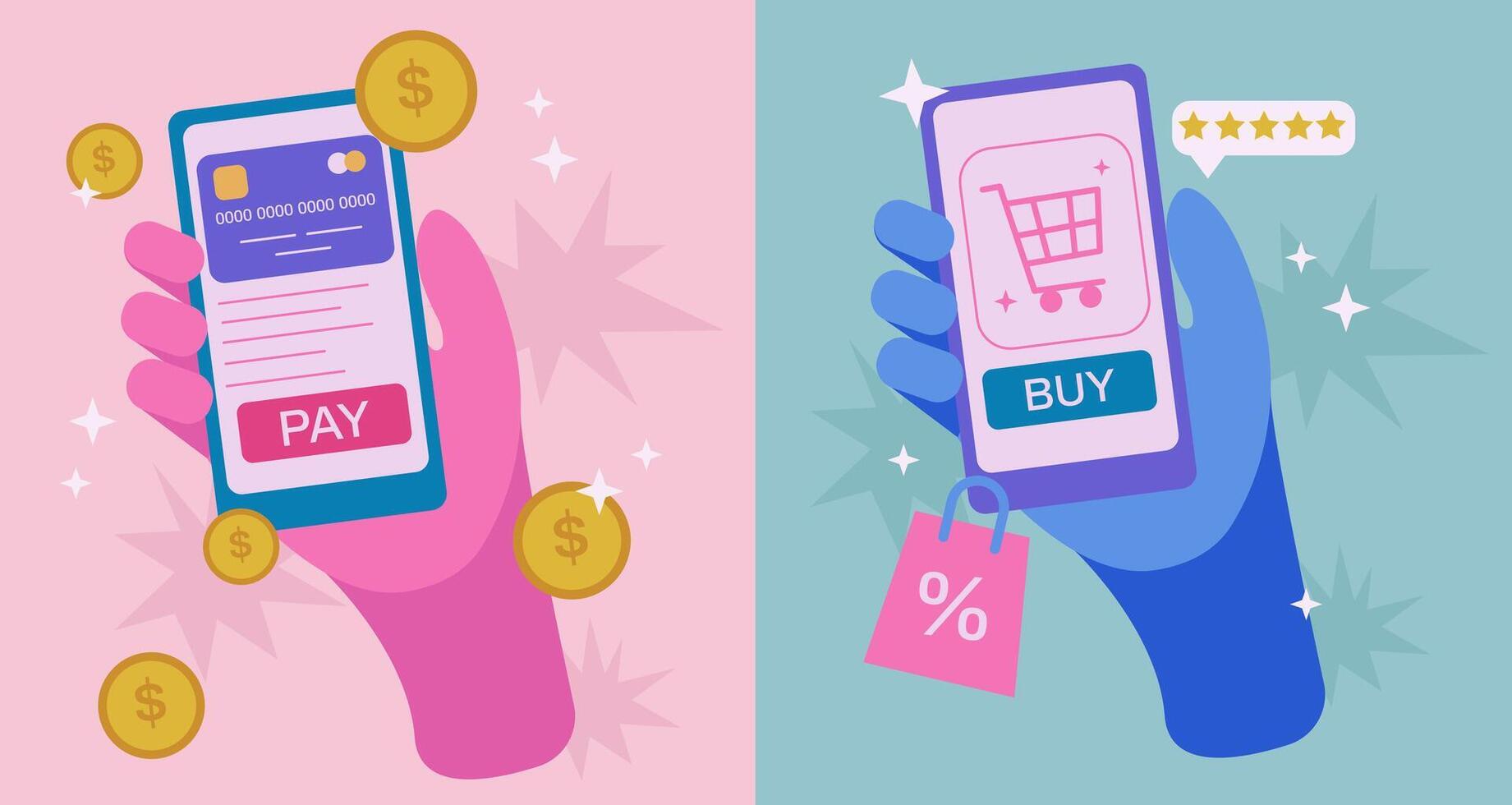 Online mobile payment concept. Mobile banking app and e-payment. Hand with smartphone shopping online and buy credit card vector