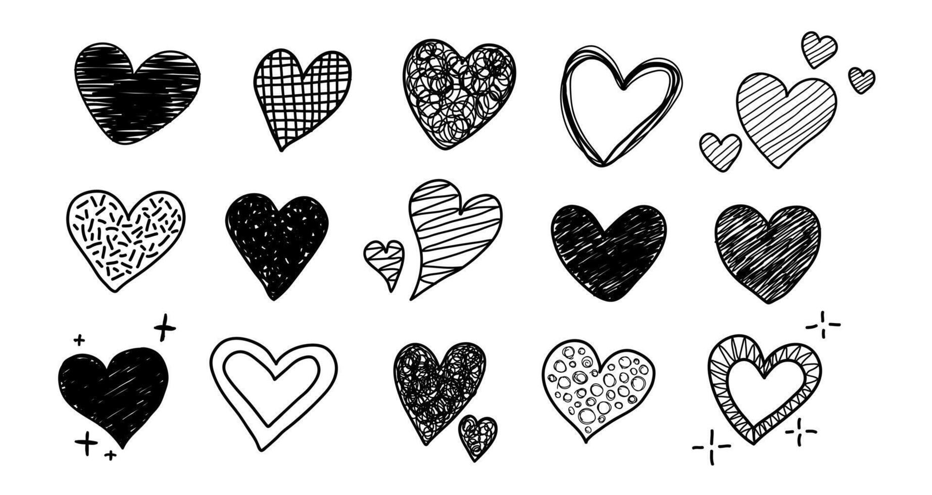 Set of doodle ink heart shape. Textured love design elements. Sketch of black heart icon symbol graphic set. vector