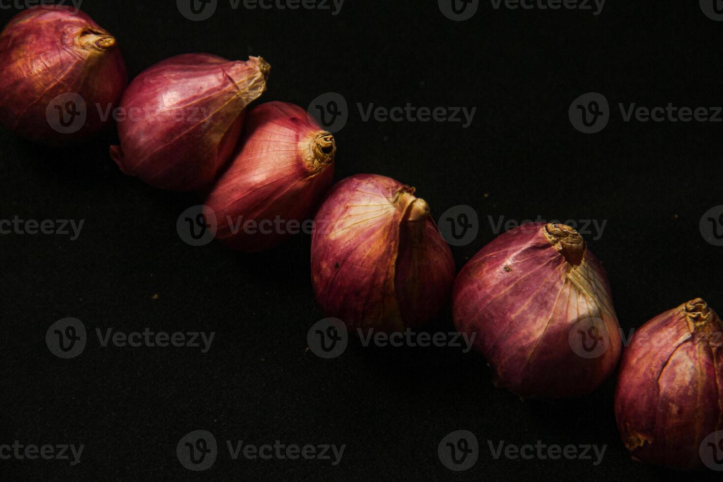 Close up of a whole red onion, isolated on a black background photo