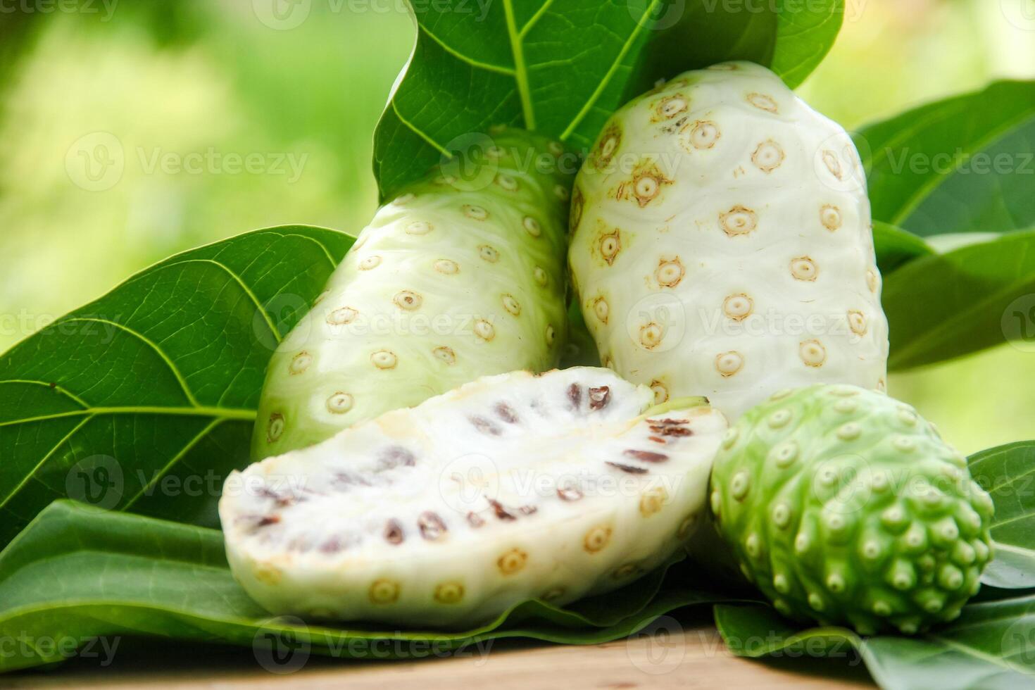 Noni fruit or Morinda citrifolia sliced and decorated with fruit and leaves on a natural background photo