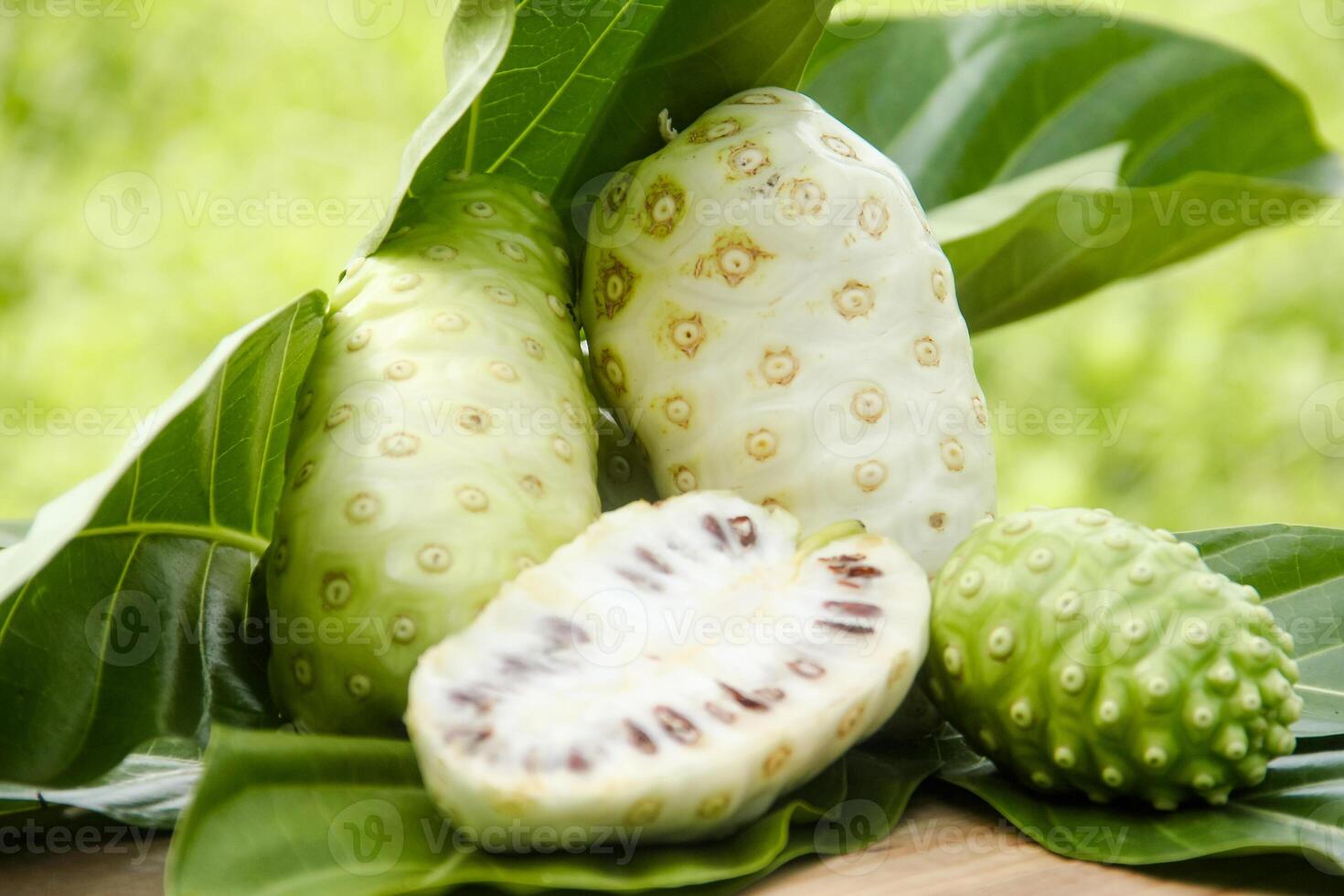 Noni fruit or Morinda citrifolia sliced and decorated with fruit and leaves on a natural background photo