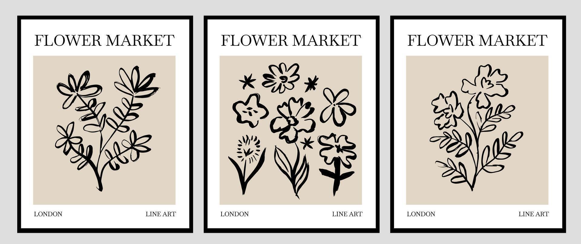 Poster with ink brush flower plant. Wallpaper with floral botanical elements in outline style. Abstract doodle branch. vector