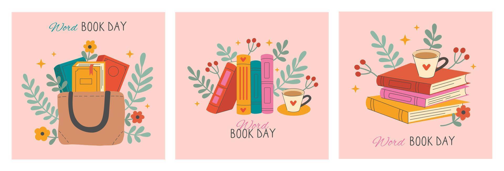 Poster with book stacks in flat style. Books day word. books in the bag. illustration for book lover's day vector