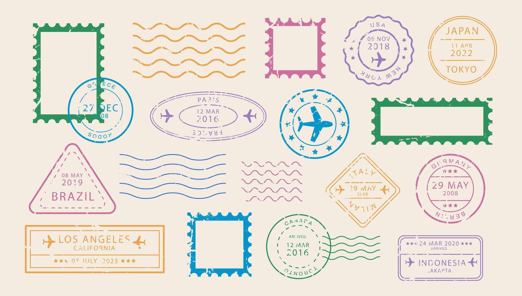 International Travel Grunged Stamps. Stamp different mail multicolored delivery postmark. Textured airplane postmarks vector