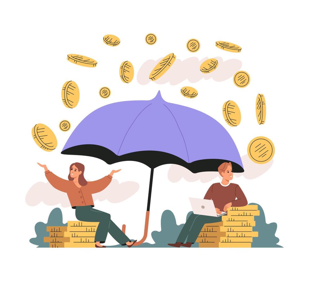 It is raining money. Young woman and man sitting under umbrella and rejoice at large amount of gold coins. illustration. vector