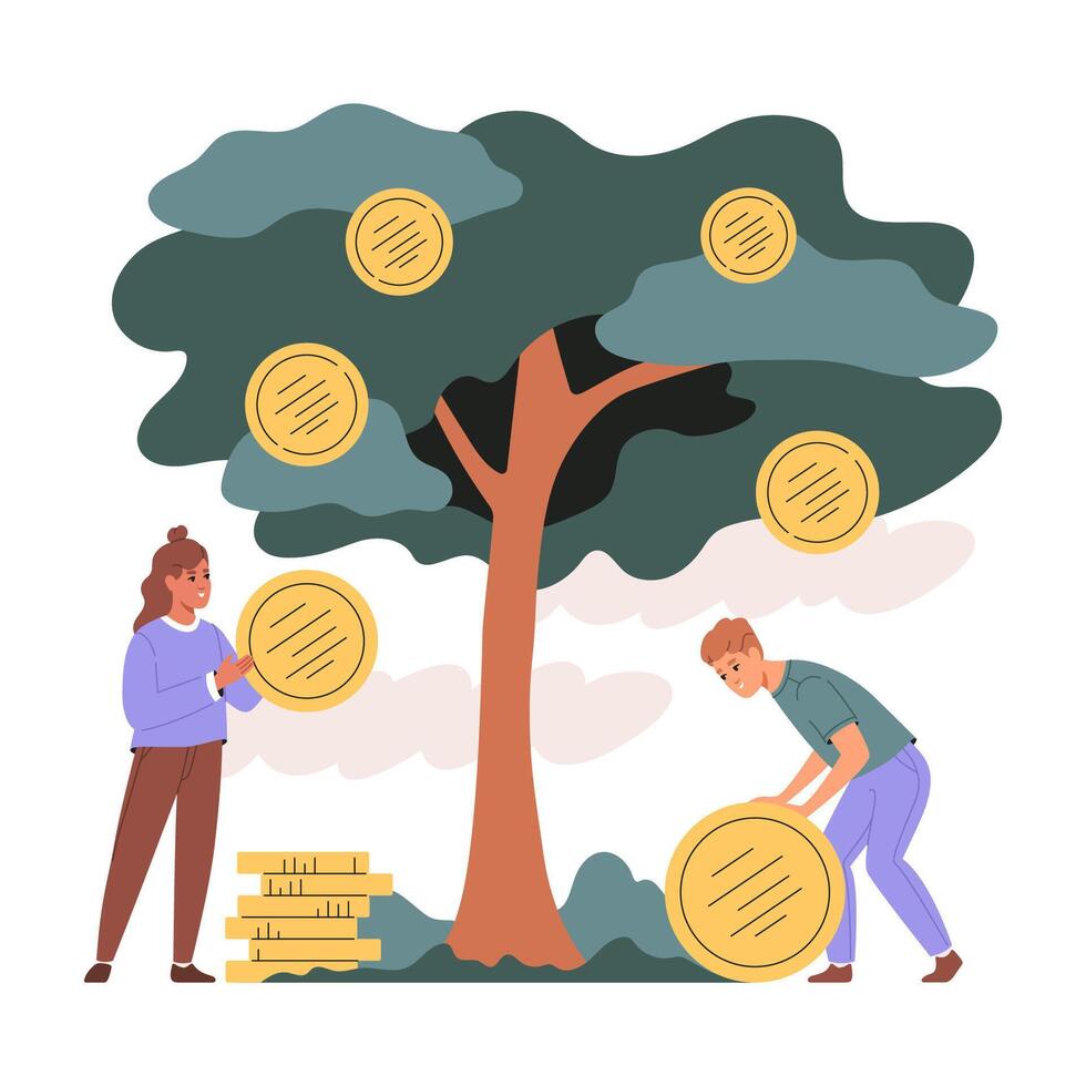 Smiling people picking coins from the money tree. Concept of prosperity business, profit generation. illustration. vector