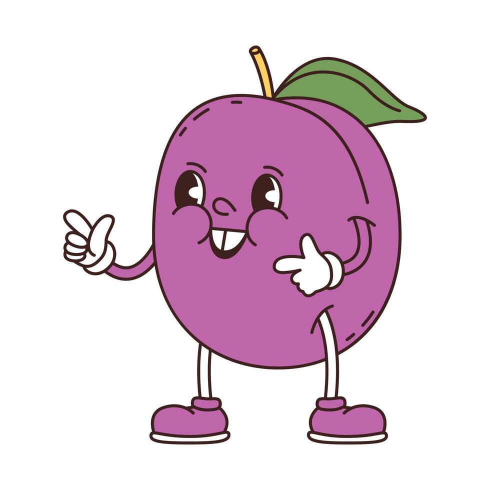 Retro groovy funny fruit. Naughty anthropomorphic character plum on white background. illustration vector
