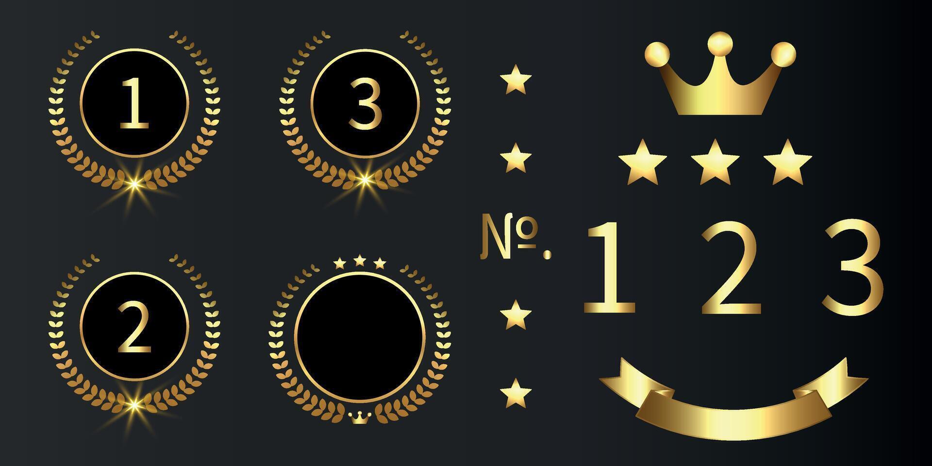 Set of Gold award, laurel wreaths, Ranking, Medal, Crown and Ribbon. VIP. Luxury Golden labels vector