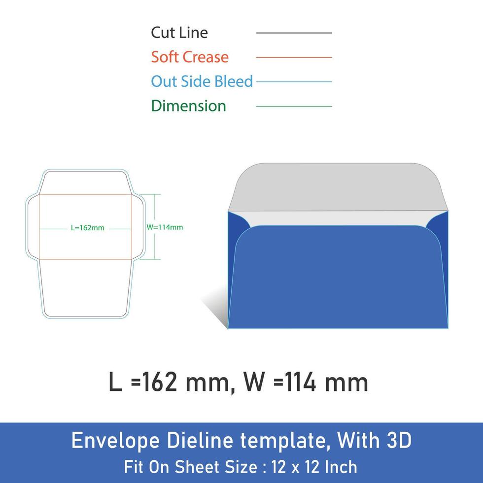 Envelope Dieline template, 3D, Size 162x114mm vector