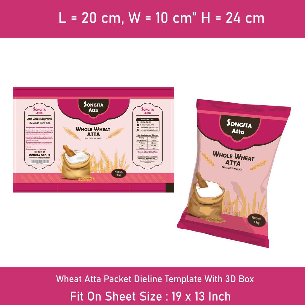 Wheat Atta Packet Dieline Template With 3D Box vector
