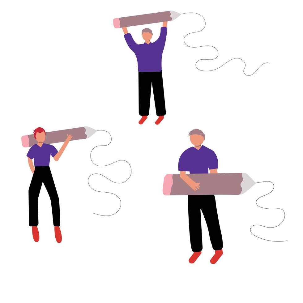 Various cute characters holding big Pencils. Creative young man with pencil in hand. Cute and adorable cartoon style illustration. Be inspired to draw, write, create and design. vector