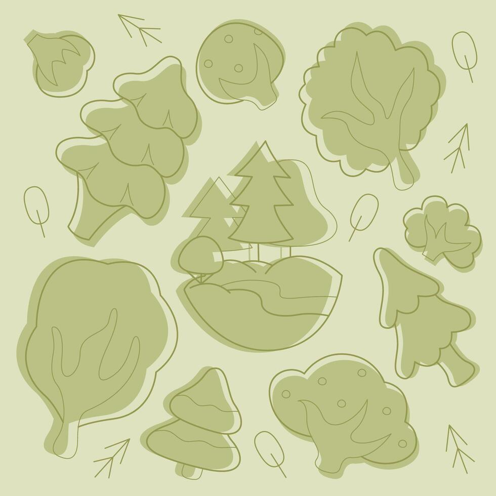 Set with trees and fir trees. Doodle clip art in pastel colors. vector