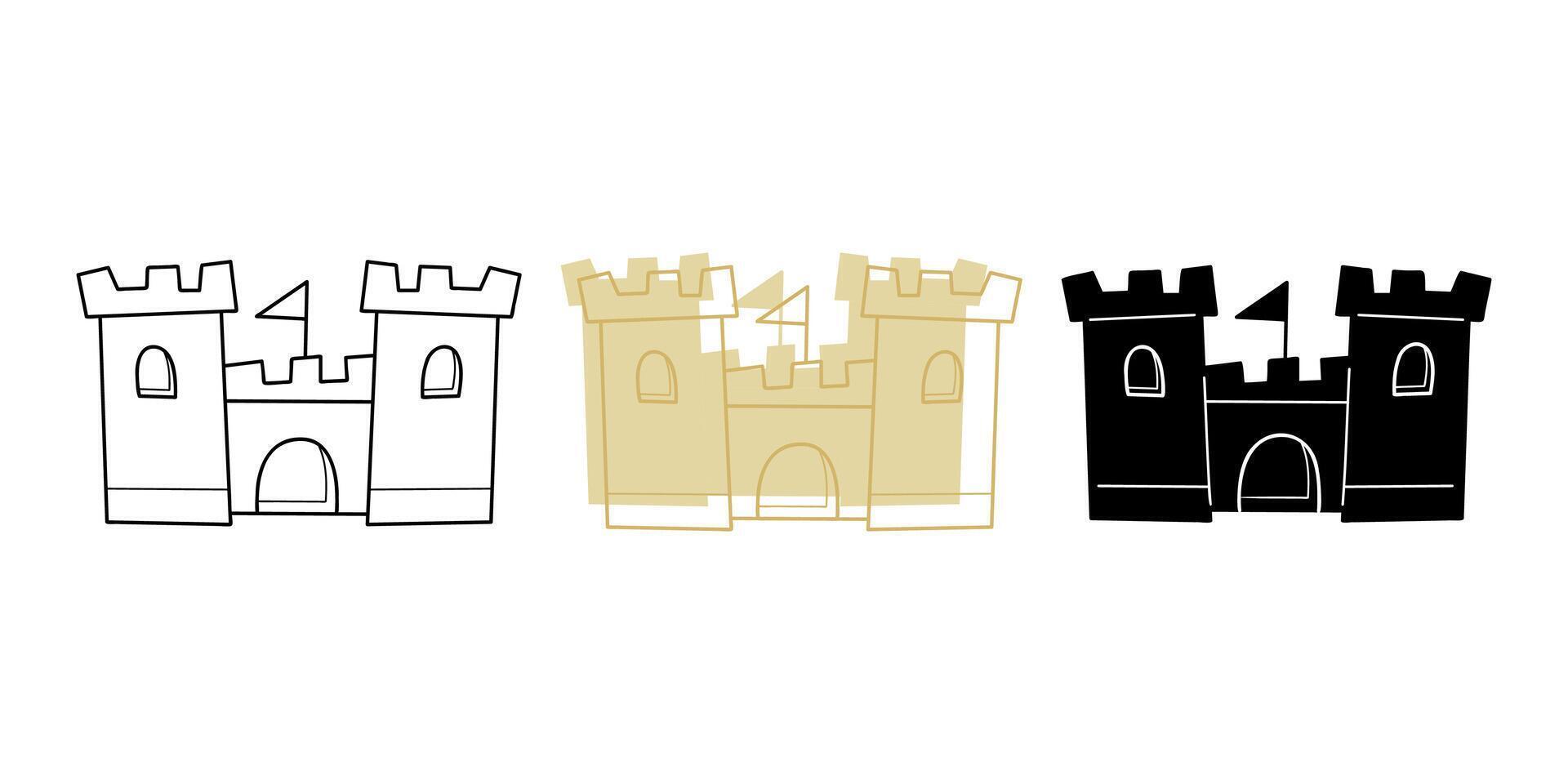 Set with one sand castle in different colors. Doodle clip art for your projects. vector