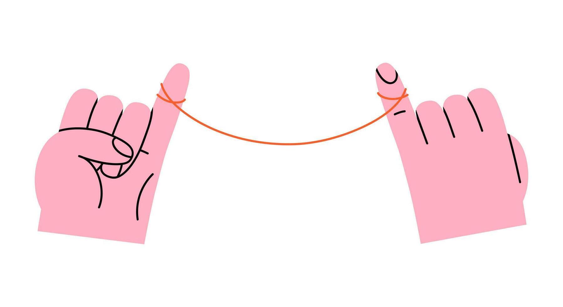 Hand drawn cute cartoon illustration two hands with red thread. Flat rope tied on little finger doodle style. Connection or family ties icon. Love romantic couple print. Forever bond. Isolated vector
