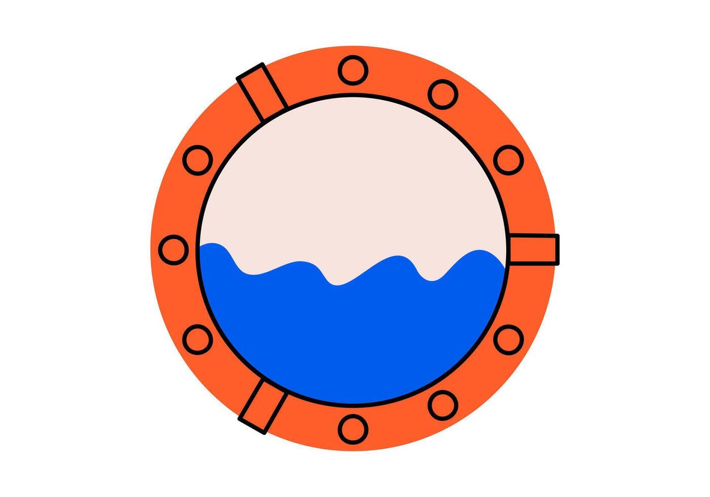Hand drawn cute cartoon illustration of porthole. Flat circle window with ocean or sea in doodle style. View from the ship or boat icon or print. Vacation or holiday summer trip. Isolated. vector