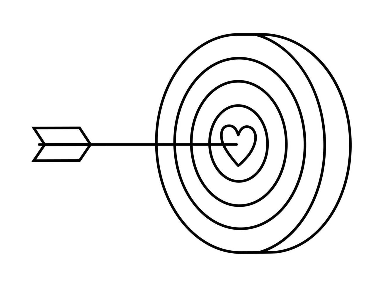 Hand drawn cute outline illustration arrow hit center of target with heart. Flat mutual feelings line art doodle style. Find perfect match icon. Dating online app print. Romantic love. Isolated vector